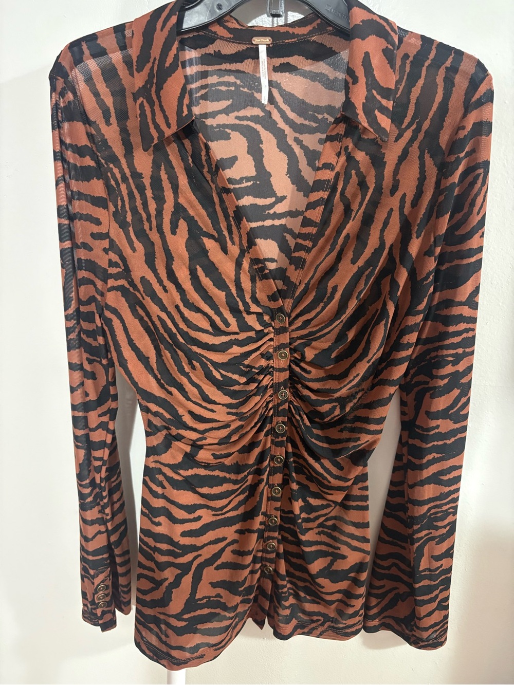Free People Rust and Black Zebra-Print Ruched Button-Front Shirt